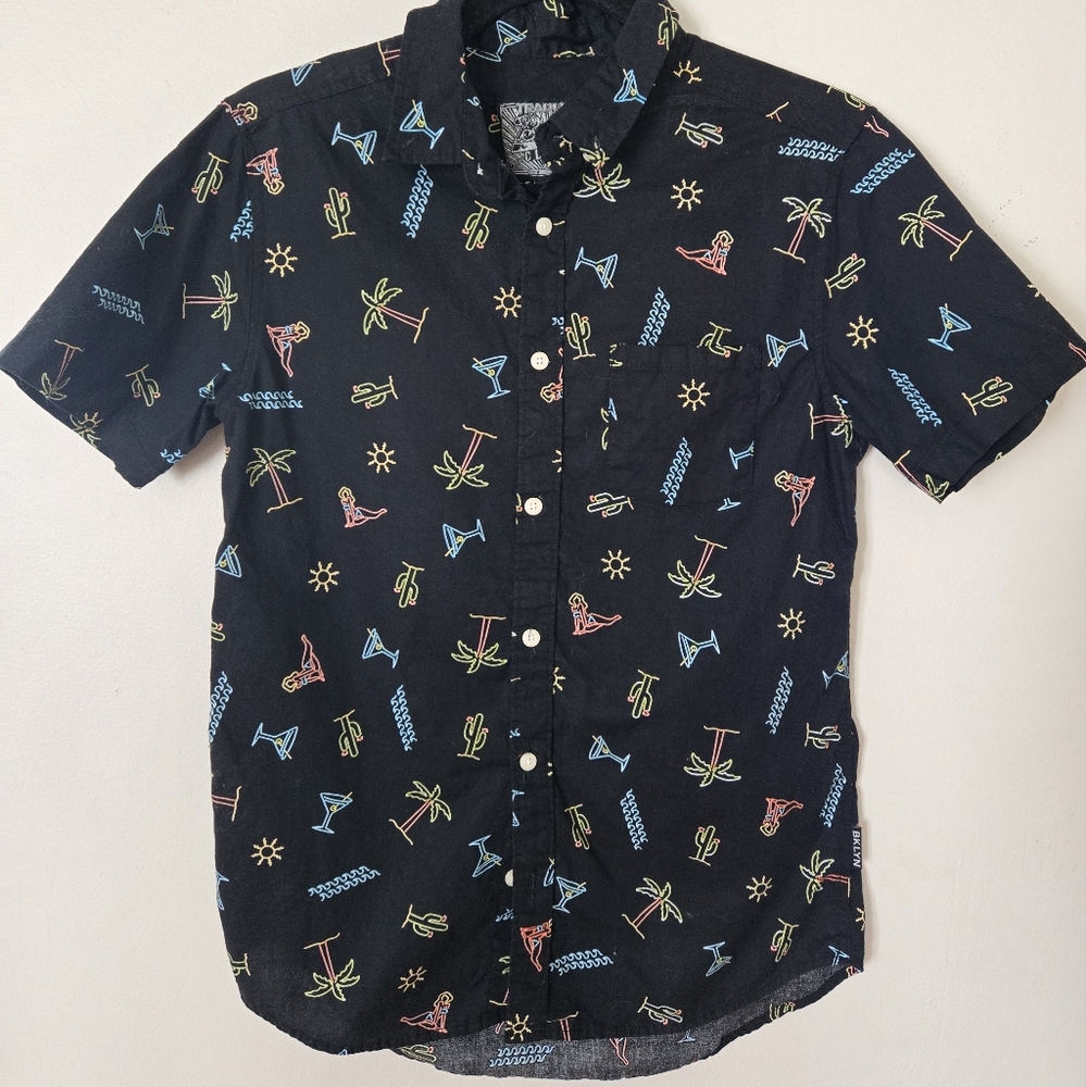 Brooklyn Cloth Black Shirt with Colorful Vacation Patterns